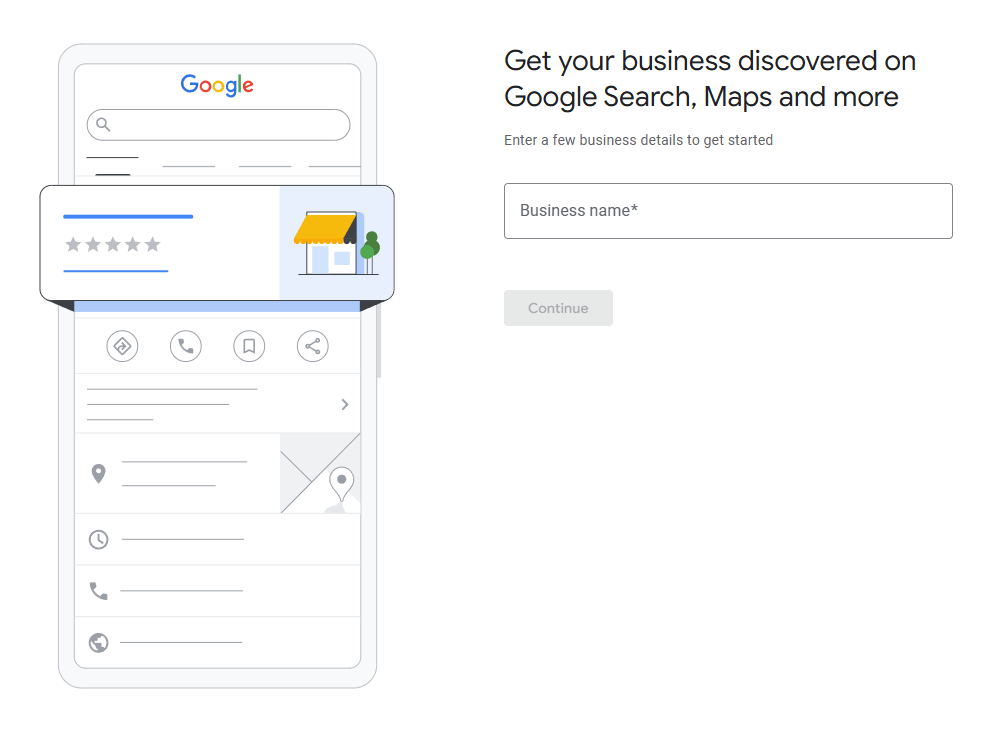 Screenshot of Google Business Profile enter business name page