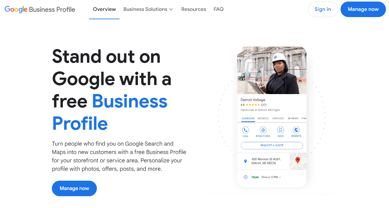 Screenshot of Google Business Profile start page